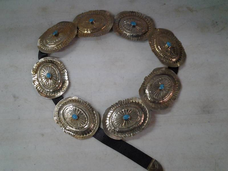 Heavy Brass Tooled Belt With Turquoise Colored Stones