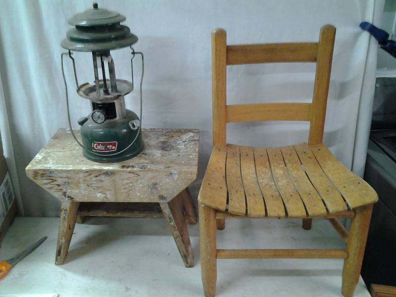 Wood Kids Chair, Wood Stool, Coleman Lantern (No GlobeGlass)