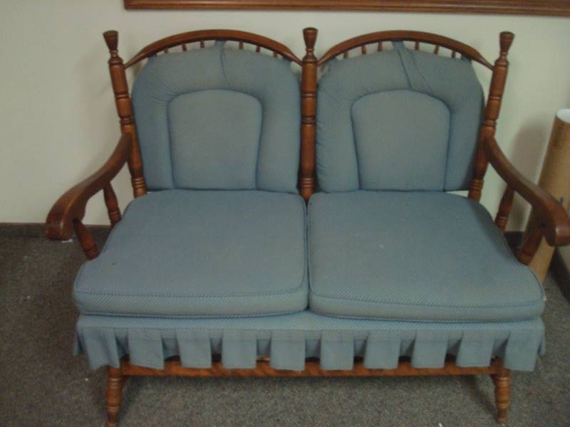 lot 23 image: Wood Love Seat Cushioned Chair, Used, Needs Cleaning