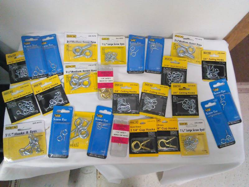 Assorted Screw Eyes, Screw Hooks, Screw Hook, and Eyes (27 pkgs.) Count varies per package
