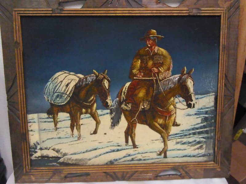 Western Painting, Velvet Canvas, Rustic Frame 23.5 x 20 Inches