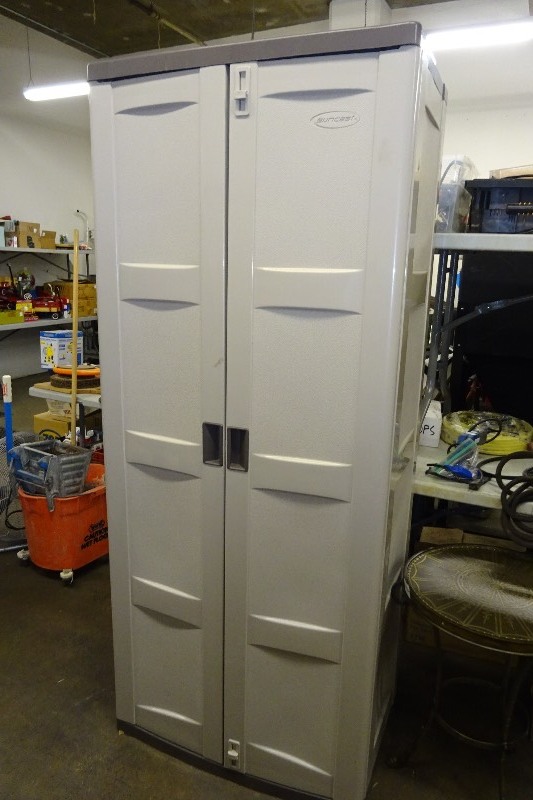 Suncrest plastic storage shed with shelfs