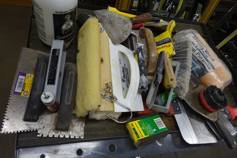 lot 108 image: Mudding tools, tilling tools, wood floor mop head sprayer