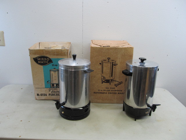 2 Vintage Chrome Coffee Makers in Boxes