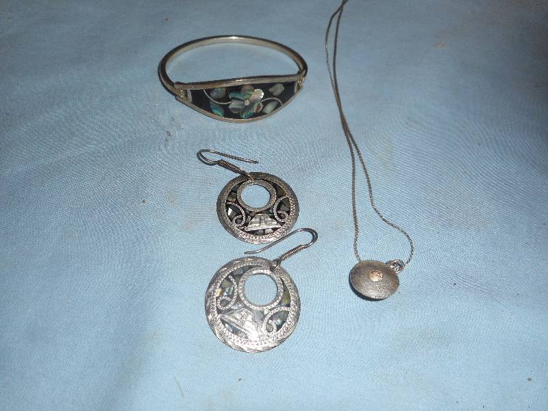 MEXICAN SILVER ABALONE INLAY BRACELET , NECKLACE , EARINGS