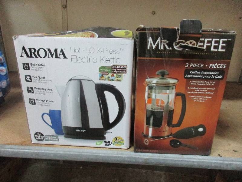 Aroma hot H20 x-press electric kettle and MR. coffee french press