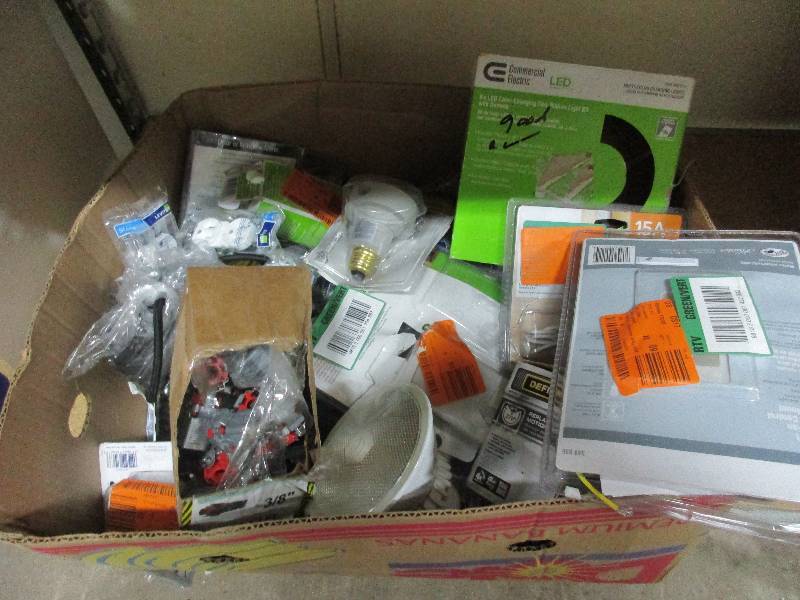 box of electrical stuff - outlets breakers LED rope