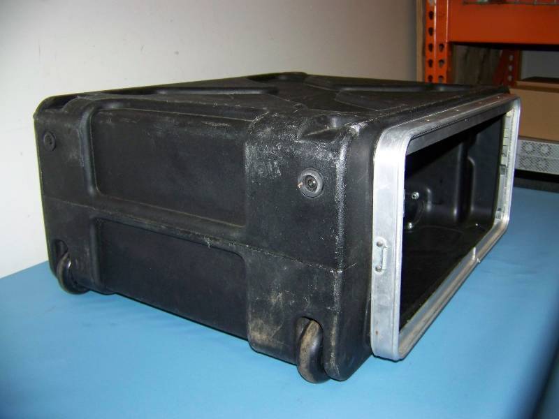 lot 52 image: Hard-Sided, Travel  Equipment Case with Rack Rails for Audio  Video Equipment  Components, Wheels and Telescoping Handle