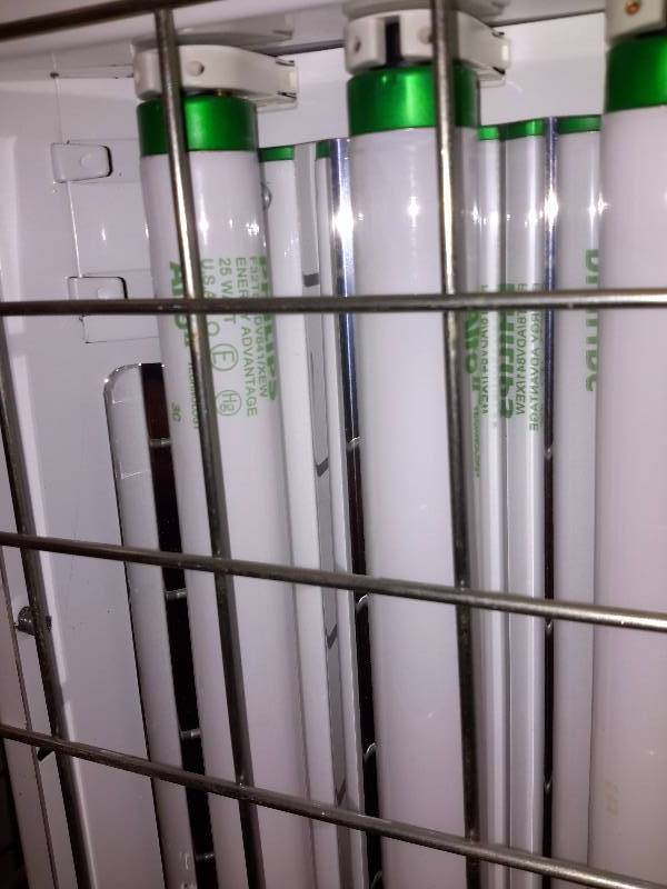 4, 8 Bulb Fluorescent Light Fixtures with Grating and Motion Detector. T8 Type bulbs.. High Bays light fixture (for High ceilings)
