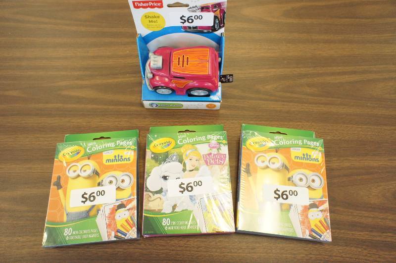 lot 56 image: Lot of 4 Kids Toys - 1 Fisher Price Shake n Go Truck, 2 Crayola Mini Coloring Pages - Minions, and 1 Crayola Mini Coloring Pages- Disney Palace Pets