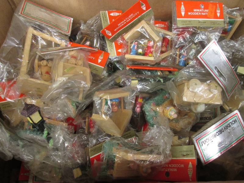 lot 63 image: Box of Wooden Nativity Ornaments pl...
