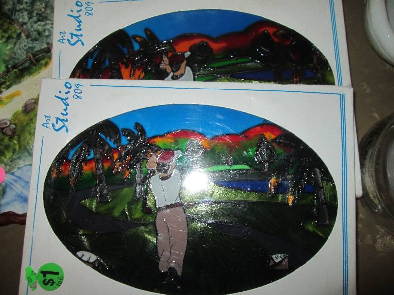 lot 241 image: decorative plates, golfer suncatche...