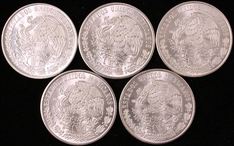 GROUP OF 5 BU-UNC SILVER MEXICO 100 PESOS (27.77 GRAMS - 72% SILVER EACH)