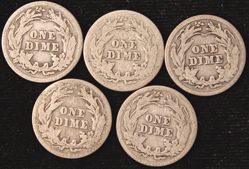 GROUP OF 5 SILVER BARBER DIMES AS PICTURED