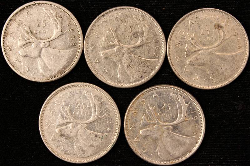 GROUP OF 5 80% SILVER CANADA QUARTERS