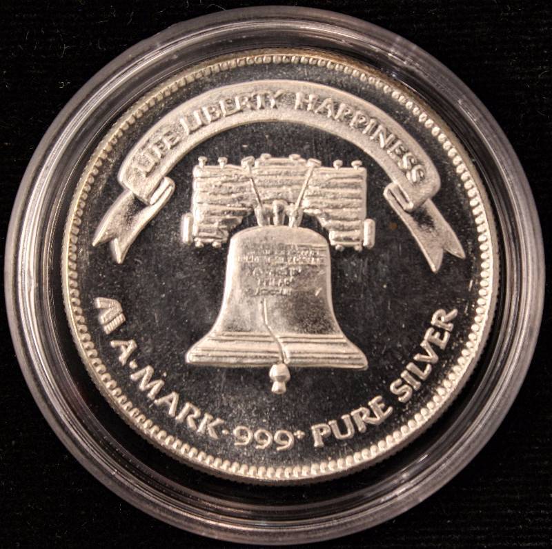 1 TROY OZ. .999 FINE SILVER ROUND 1982 A-MARK LIBERTY IN AIRTITE HOLDER