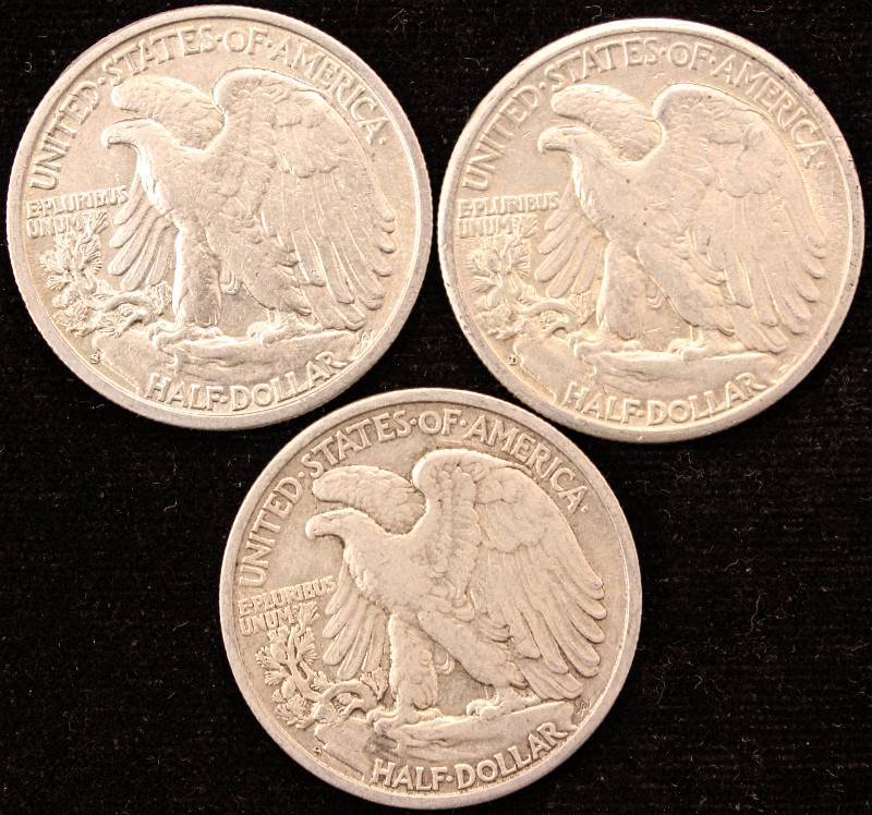 GROUP OF 3 WALKING LIBERTY SILVER HALF DOLLARS VF-XF