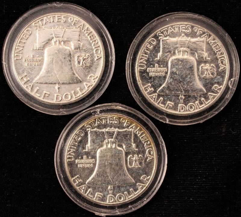 GROUP OF 3 FRANKLIN SILVER HALF DOLLARS IN AIRTITE HOLDERS