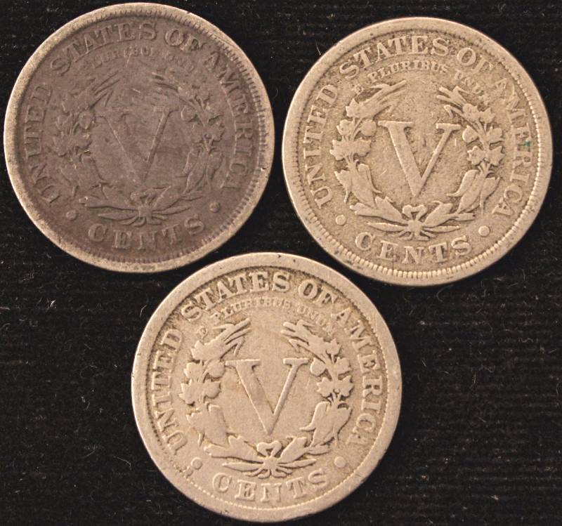 GROUP OF 3 LIBERTY V NICKELS 1910, 1911 & 1912-D