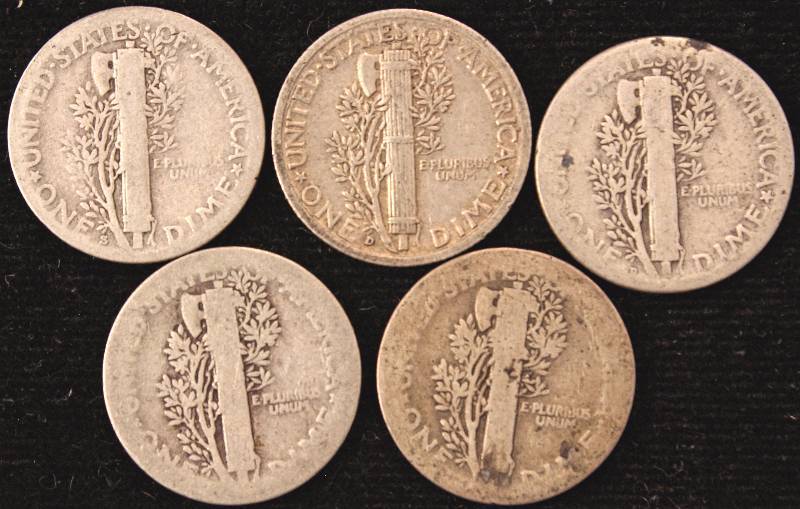 GROUP OF 5 MERCURY SILVER DIMES AS PICTURED