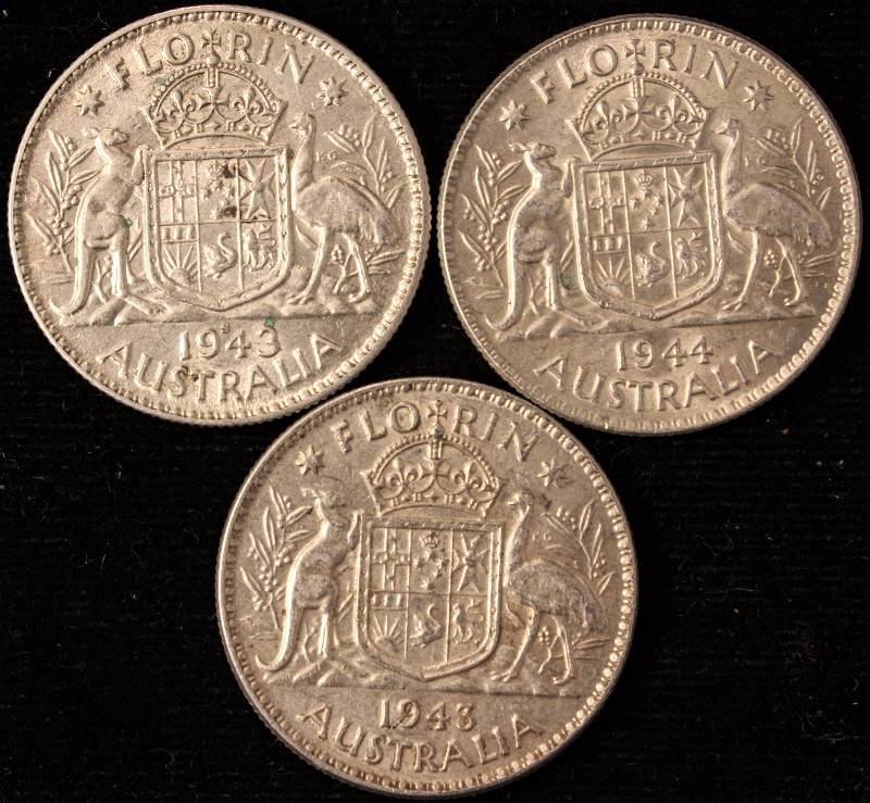 GROUP OF 3 1943-1944 SILVER AUSTRALIA FLORIN (11.3 GRAM 92.5% SILVER EACH)