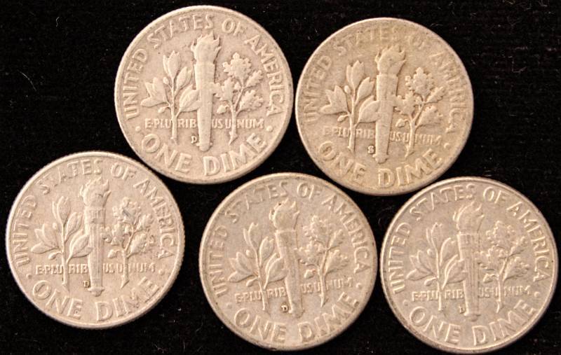 GROUP OF 5 ROOSEVELT SILVER DIMES AS PICTURED