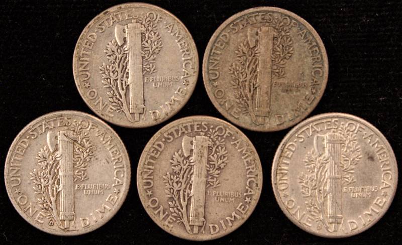 GROUP OF 5 MERCURY SILVER DIMES AS PICTURED
