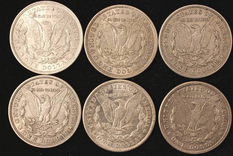 GROUP OF 6 1921 MORGAN SILVER DOLLARS VF-AU