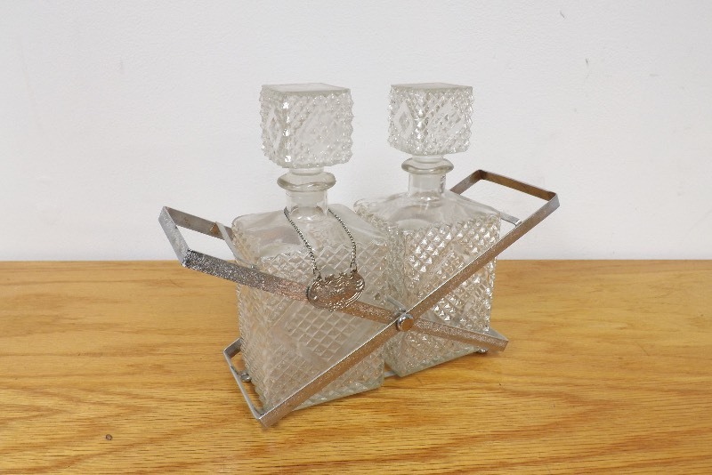 2 Vintage Glass Decanters with HolderStand