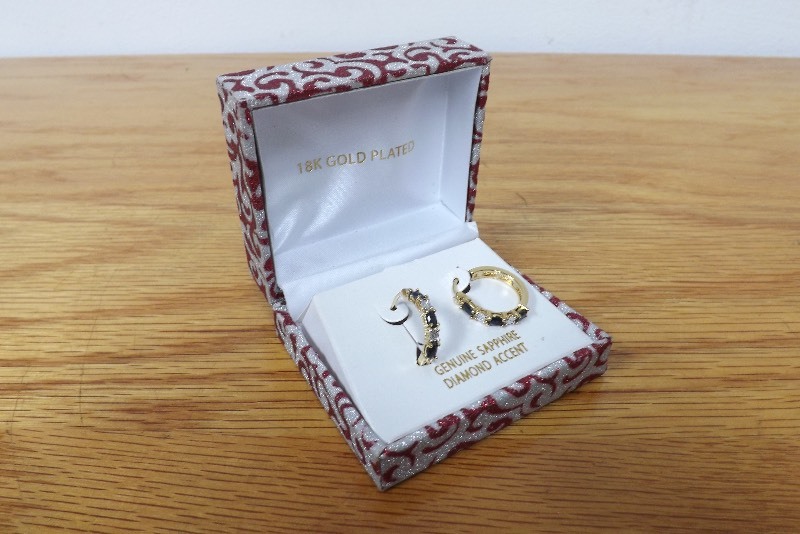 NEW in box 18k Gold Plated Earrings with Genuine Sapphires, and Diamond Accents