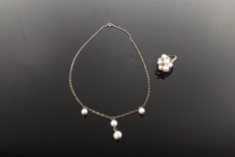 Vintage Sterling and Pearl NecklaceRing Set (.250oz Total Weight)