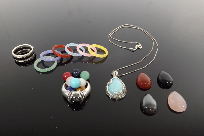 3 Sterling Rings, and Necklace Sets with Interchangeable Stones (.441oz Total Sterling Weight)