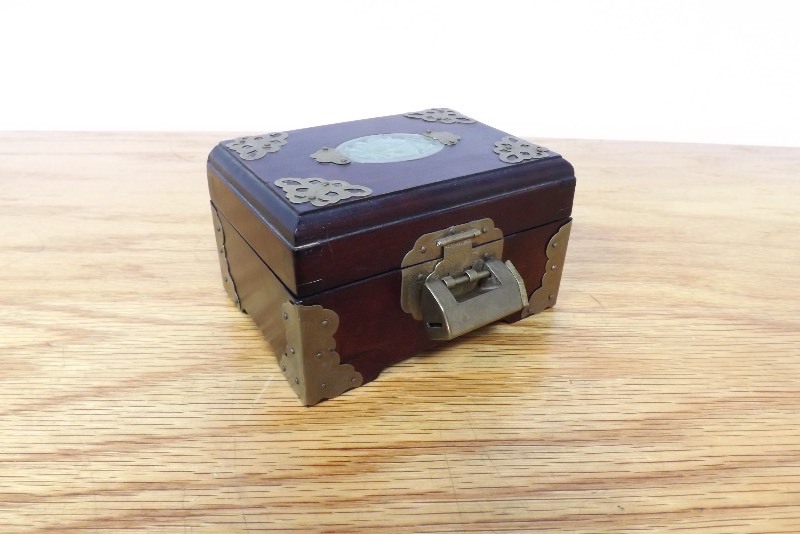 Vintage Asian Style Jewelry Box with Carved Jade, and Unique Lock