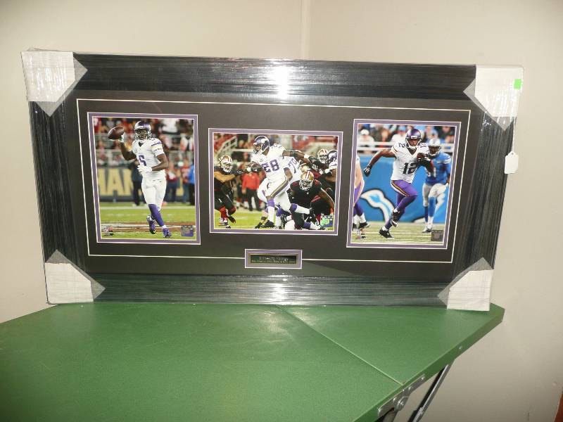 Brand New & Professionally Framed - Minnesota Vikings Trio - Adrian Peterson, Teddy Bridgewater & Charles Johnson - 36 by 19