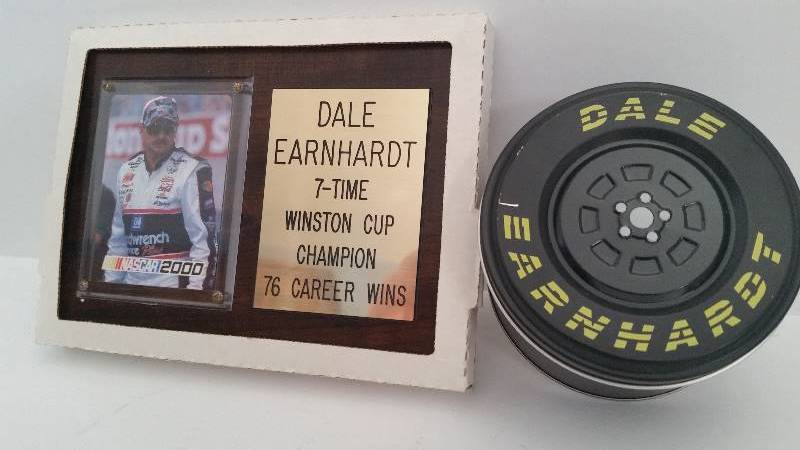 lot 38 image: Dale Earnhardt 7 Time Winston Champion Plaque and Collectable #3 Dale Earhardt Watch in collectable Tin