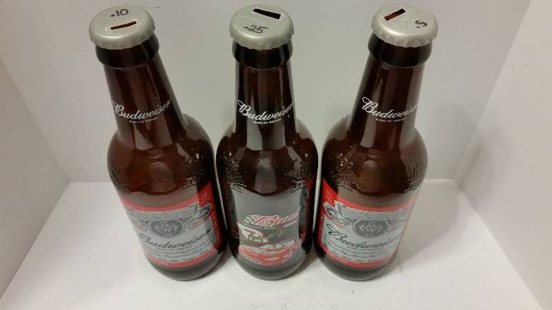 lot 52B image: Lot of (3) Large Glass Coin Bank Glass Bottles - Dale Earnhardt Jr and 2 Budweiser - See Pictures