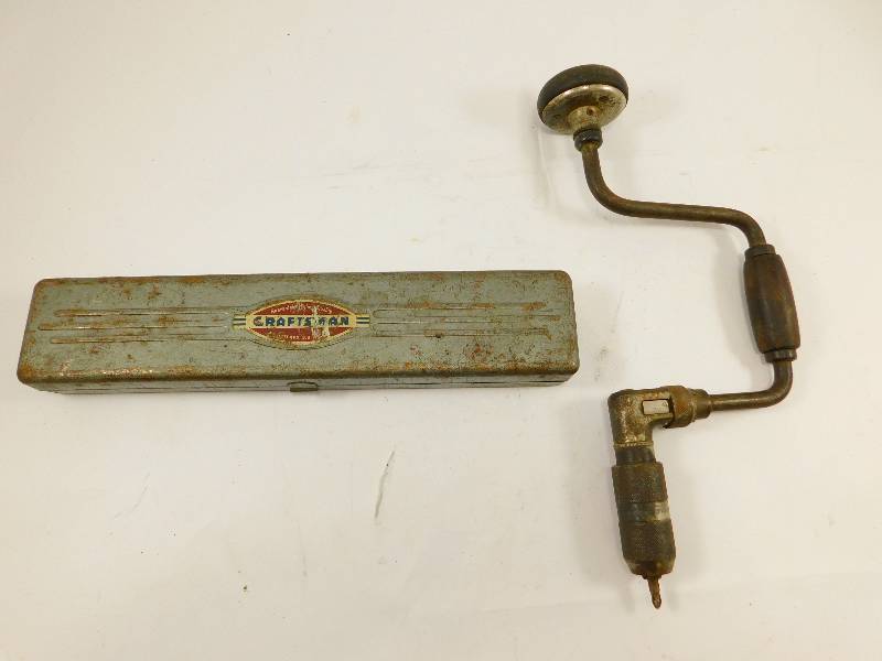 lot 21 image: Vintage Craftsman Hand Drill and Case of Drill Bits