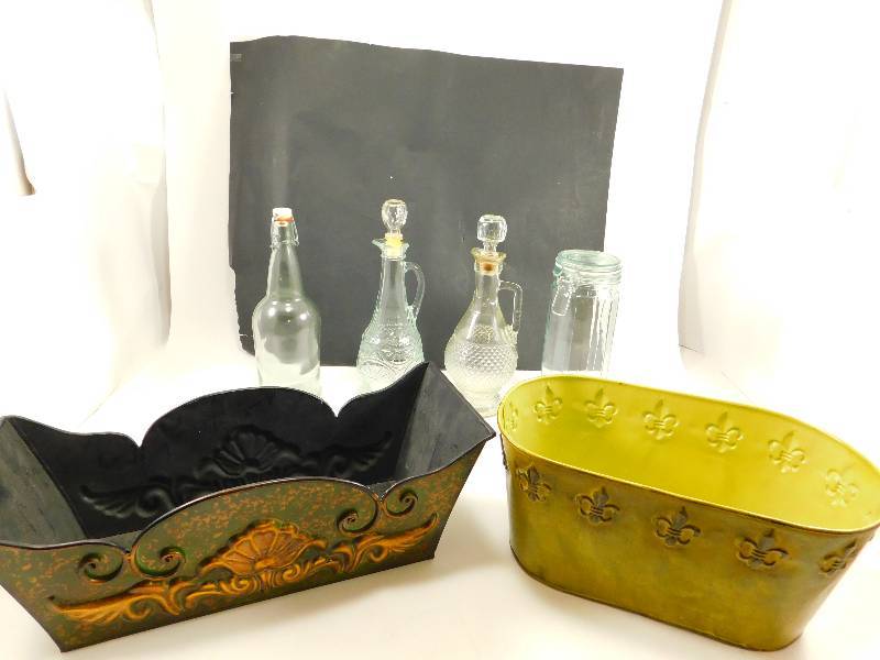 lot 25 image: Lot of Glass Decanters and Metal Decor Tubs