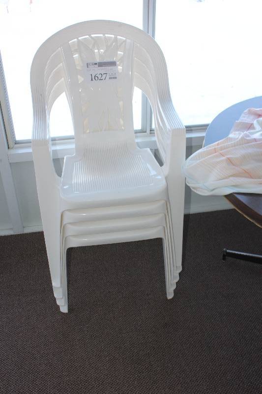lot 1627 image: Lot of (6) White Plastic Stackable Patio Chairs