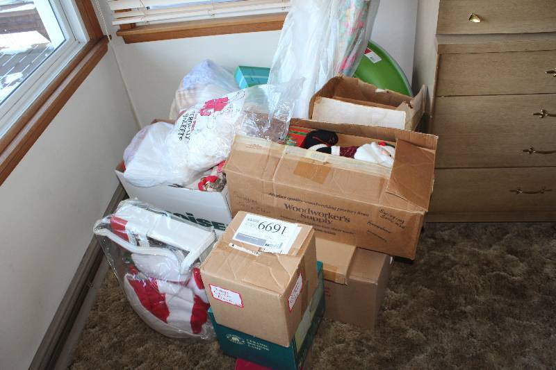 lot 1699 image: Shelf Lot of (9) Boxes of Christmas Decorations