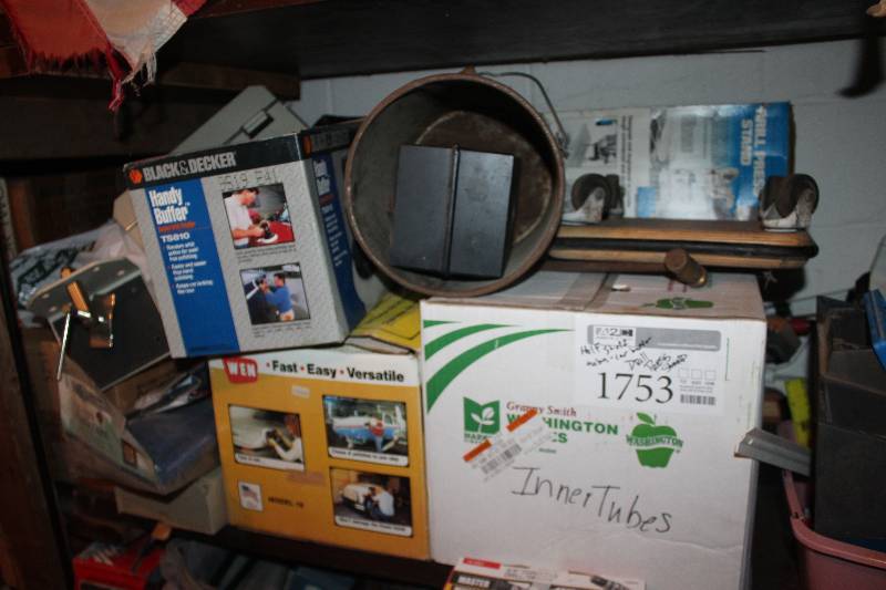 lot 1753 image: Half Shelf Lot of Misc Includes Tubes, Car Buffer, Drill Press Stand