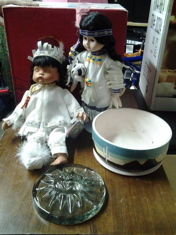 2-Porcelain Indian Dolls, Southwest Pottery Bowl, Sun