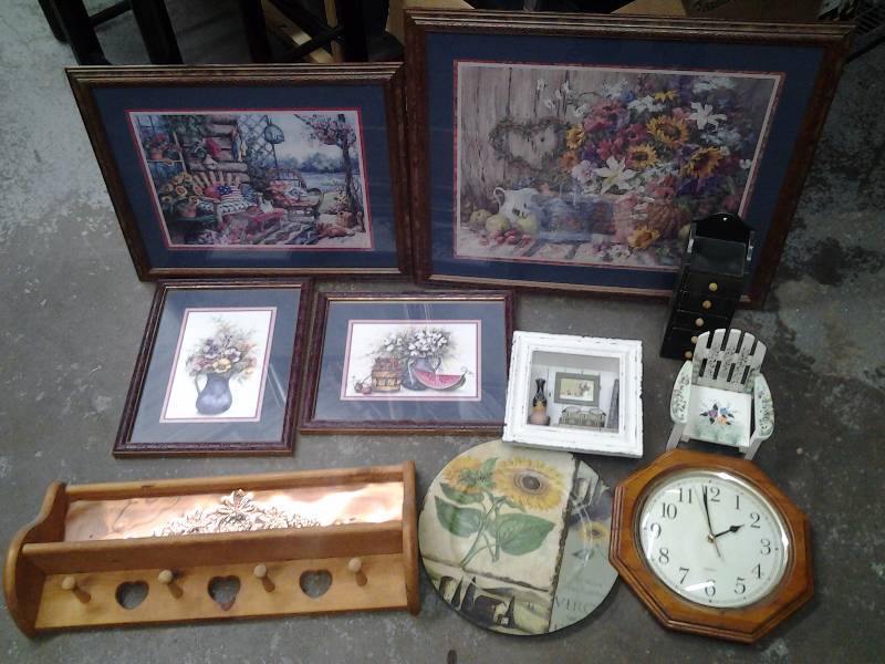 Floral Pictures, Peg Wall Hooks, Clock, Other Decor