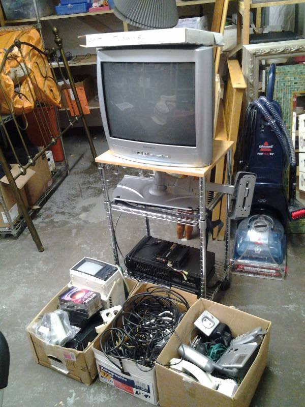 Large Lot Of Electronic  Related- TV With Remote (Works), Cordless Telephones, Stereo Tuner With EQ, Cables & Connecters