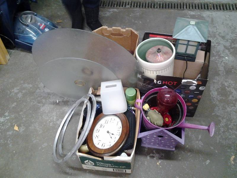 Large Lot Of Misc Patio Table, Lazy Susans (Glass), Bird Feeders, Planter Pots, Watering Can, Sundries, More.