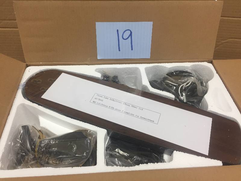 lot 19 image: Hampton Bay Rockport 52 in. LED Brushed Nickel Ceiling Fan-51750 - never used one glass shade missing