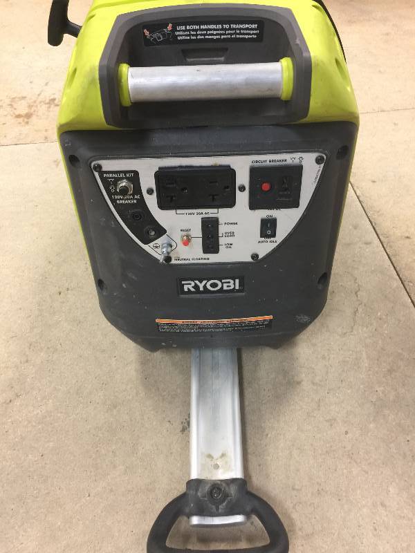 lot 76 image: Ryobi 2,200-Watt Green Gasoline Powered Digital Inverter Generator, Model # RYI2200  used in working conditions 