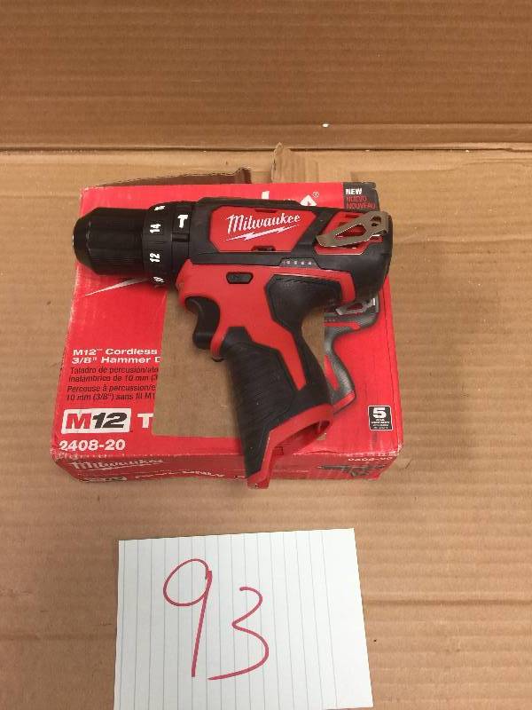 lot 93 image: Milwaukee M12 12-Volt Lithium-Ion Cordless 38 in. Hammer DrillDriver, Model#  2408-20  open never used 