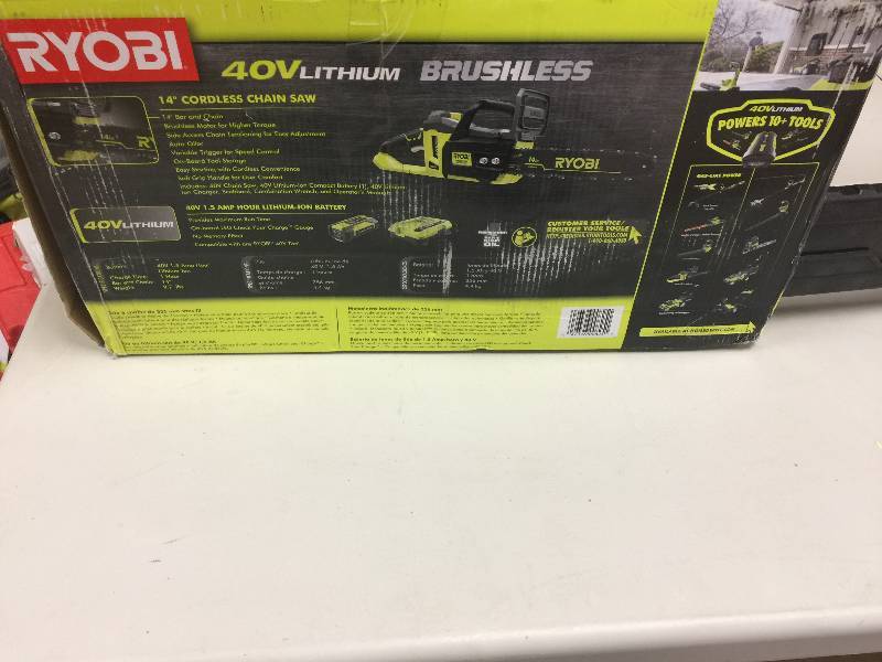 lot 116 image: Ryobi 14 in. 40-Volt Lithium-Ion Brushless Cordless Chainsaw, Model#  RY40511  open box never used