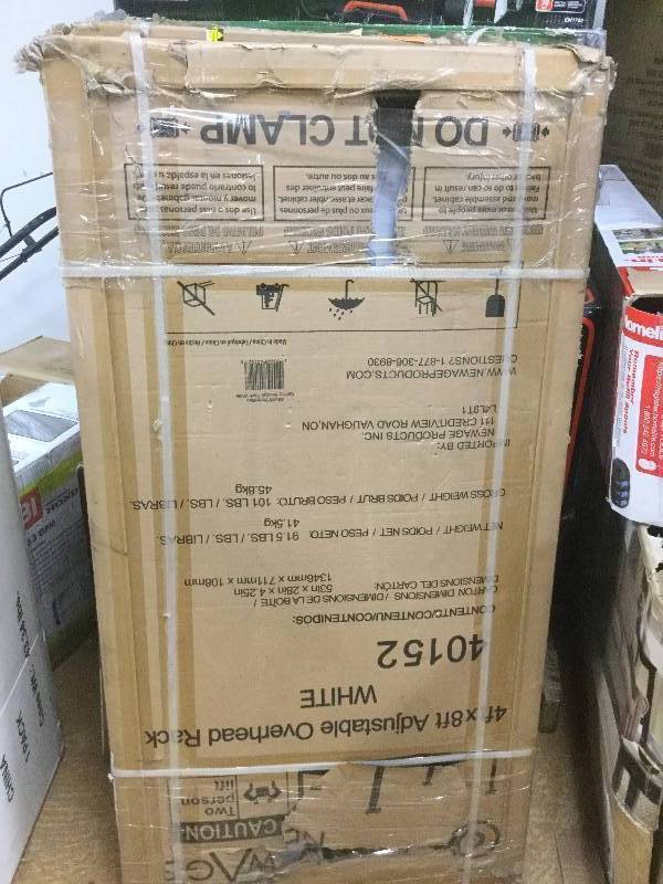 lot 122 image: NewAge Products Performance 96 in. L x 48 in. W x 42 in. H Adjustable VersaRac Ceiling Storage Rack in White open box stock and actual photos used to display item